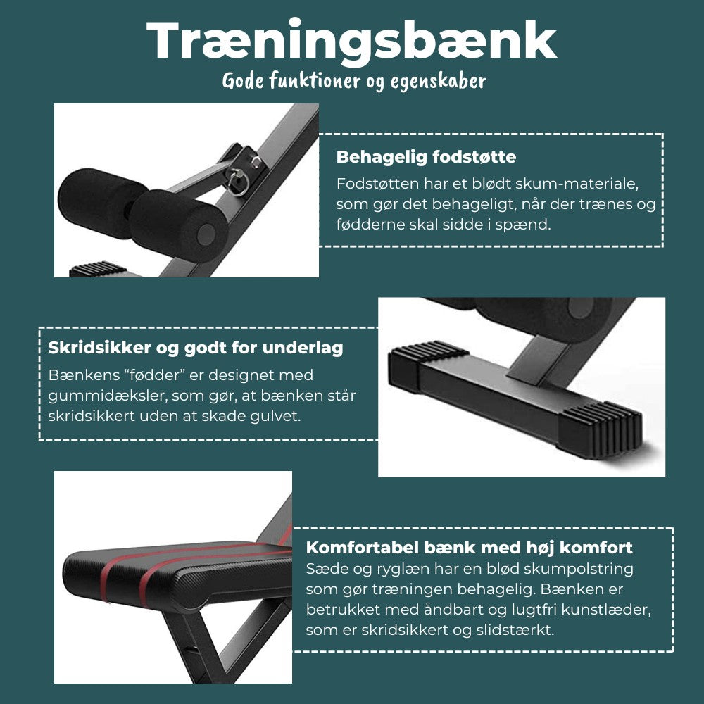 Træningsbænk - Justerbar og foldbar (Max. 200 KG)